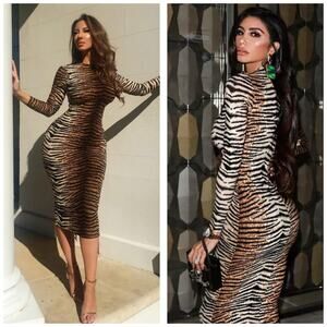 Meshki Tiger Animal Print Long Sleeve Bodycon Midi Dress Size XS Cocktail Sexy